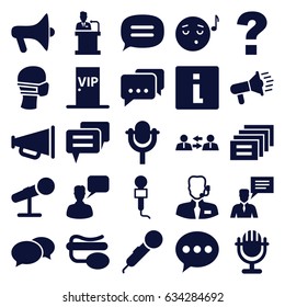 Speech icons set. set of 25 speech filled icons such as chat, chatting man, emoji listening music, medical mask, microphone, pin microphone, man with chat bubblle, speaker
