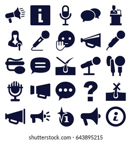 Speech icons set. set of 25 speech filled icons such as no hair in skin, shave hair in skin, explosion, chat, megaphone, bye emot, woman speaker, microphone, pin microphone