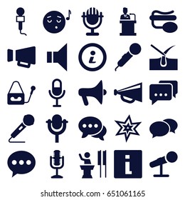 Speech icons set. set of 25 speech filled icons such as shave hair in skin, explosion, chat, megaphone, emoji listening music, microphone, pin microphone, speaker, info