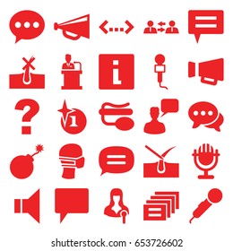 Speech icons set. set of 25 speech filled icons such as no hair in skin, shave hair in skin, explosion, chatting man, megaphone, medical mask, microphone, woman speaker