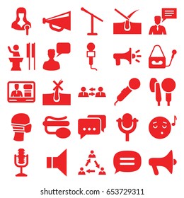 Speech icons set. set of 25 speech filled icons such as no hair in skin, shave hair in skin, chatting man, megaphone, emoji listening music, medical mask, microphone