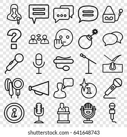 Speech icons set. set of 25 speech outline icons such as shave hair in skin, explosion, chat, chatting man, megaphone, microphone, woman speaker, pin microphone, speaker, info