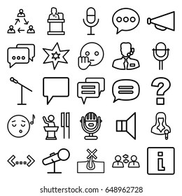 Speech icons set. set of 25 speech outline icons such as no hair in skin, explosion, megaphone, woman speaker, microphone, chat, speaker, help support, emoji listening music