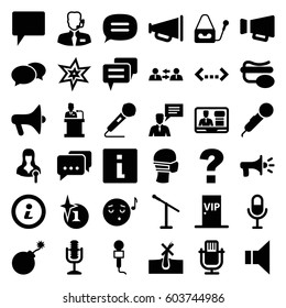 Speech icons set. set of 36 speech filled icons such as no hair in skin, explosion, chat, emoji listening music, medical mask, microphone, woman speaker, TV speaker