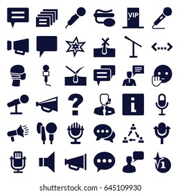 Speech icons set. set of 36 speech filled icons such as no hair in skin, shave hair in skin, explosion, chatting man, megaphone, bye emot, medical mask, microphone