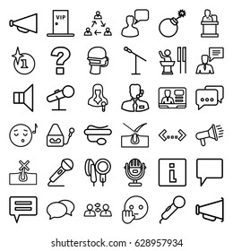 Speech icons set. set of 36 speech outline icons such as no hair in skin, shave hair in skin, explosion, chat, chatting man, megaphone, medical mask, woman speaker, TV speaker