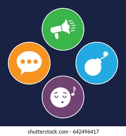 Speech icons set. set of 4 speech filled icons such as explosion, emoji listening music, megaphone