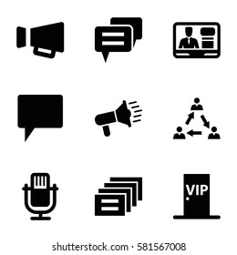speech icons set. Set of 9 speech filled icons such as TV speaker, chat, megaphone, vip door, communication, message