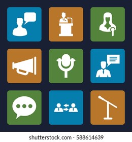 speech icons set. Set of 9 speech filled icons such as chatting man, woman speaker, man with chat bubblle, microphone, speaker, megaphone, communication