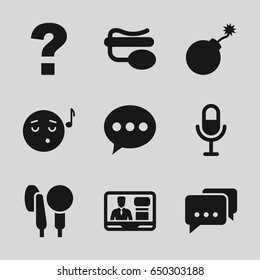 Speech icons set. set of 9 speech filled icons such as explosion, emoji listening music, tv speaker, microphone, pin microphone, message, question