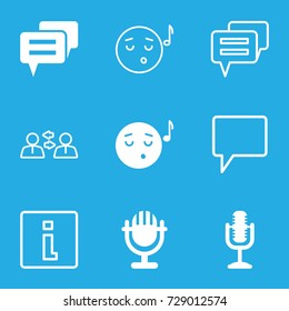 Speech icons set. set of 9 speech filled and outline icons such as emoji listening music, microphone, chat, info