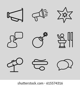 Speech icons set. set of 9 speech outline icons such as explosion, chat, chatting man, pin microphone, microphone, megaphone