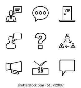 Speech icons set. set of 9 speech outline icons such as shave hair in skin, chatting man, chat, man with chat bubblle, megaphone, vip door, question
