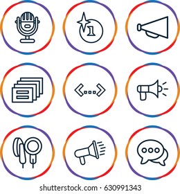 Speech icons set. set of 9 speech outline icons such as explosion, megaphone, chat, microphone, quotation