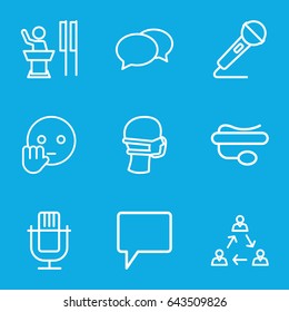 Speech icons set. set of 9 speech outline icons such as chat, medical mask, pin microphone, microphone, bye emot, speaker
