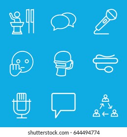 Speech icons set. set of 9 speech outline icons such as chat, medical mask, pin microphone, microphone, bye emot, speaker