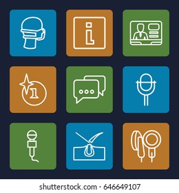 Speech icons set. set of 9 speech outline icons such as shave hair in skin, explosion, medical mask, microphone, tv speaker, info