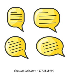 Speech icons set in cartoon style. Chat icons are yellow, with written text inside. Bright, shiny graphic elements with backlight and shadow. Vector image
