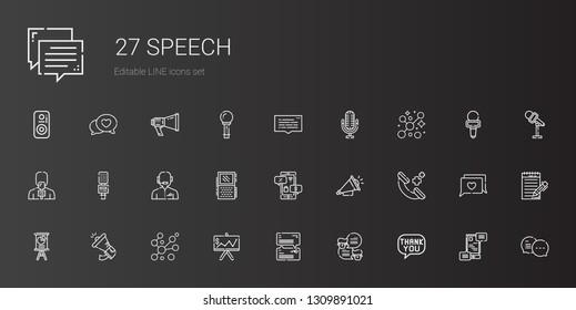 speech icons set. Collection of speech with speech bubble, chat, presentation, bubbles, megaphone, phone call, loudspeaker, negotiation, voice recorder. Editable and scalable icons.