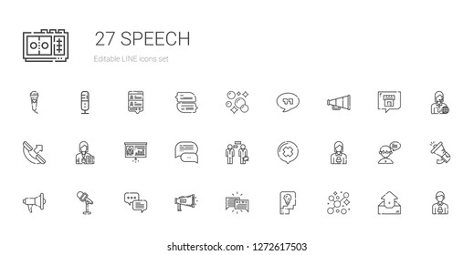 speech icons set. Collection of speech with bubbles, thinking, chat, megaphone, microphone, news reporter, conversation, presentation, journalist. Editable and scalable speech icons.