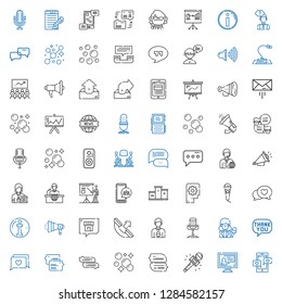 speech icons set. Collection of speech with chat, video call, journalist, bubbles, speech bubble, news reporter, microphone, phone call, megaphone. Editable and scalable speech icons.