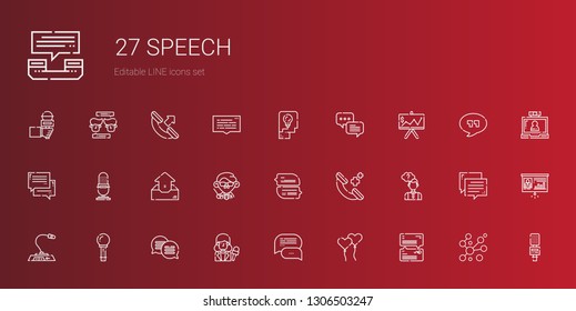speech icons set. Collection of speech with chat, ballons, news reporter, microphone, thinking, phone call, teacher, outbox, presentation. Editable and scalable speech icons.