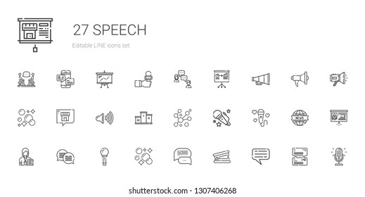speech icons set. Collection of speech with chat, stapler remover, bubbles, microphone, journalist, voice, podium, speaker, presentation, news report. Editable and scalable speech icons.