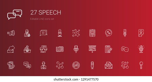 speech icons set. Collection of speech with message, microphone, no chatting, bubbles, news reporter, chat, negotiation, journalist, presentation. Editable and scalable speech icons.
