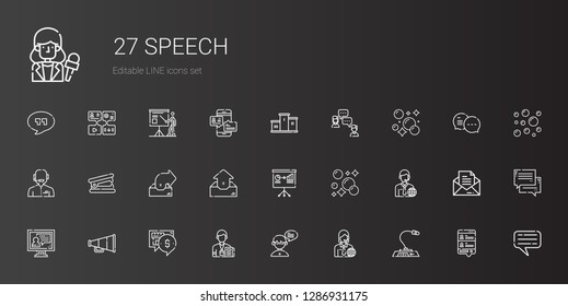 speech icons set. Collection of speech with microphone, news reporter, chat, journalist, speaker, video call, bubbles, presentation, outbox. Editable and scalable speech icons.