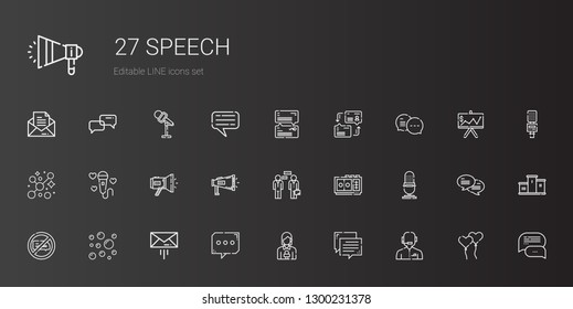 speech icons set. Collection of speech with news reporter, chat, message, bubbles, no chatting, microphone, voice recorder, conversation, megaphone. Editable and scalable speech icons.