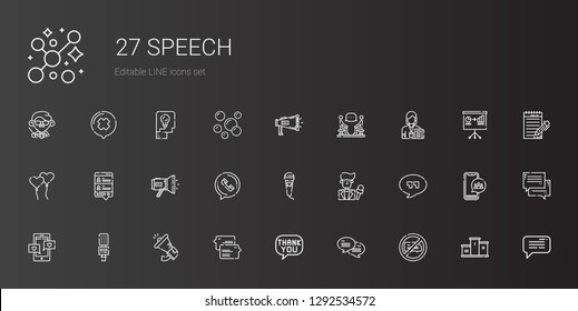 speech icons set. Collection of speech with no chatting, chat, speech bubble, megaphone, microphone, quotes, news reporter, phone call, ballons. Editable and scalable icons.