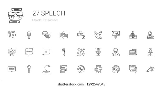 speech icons set. Collection of speech with no chatting, chat, phone call, microphone, speech bubble, news reporter, bubbles, presentation. Editable and scalable icons.