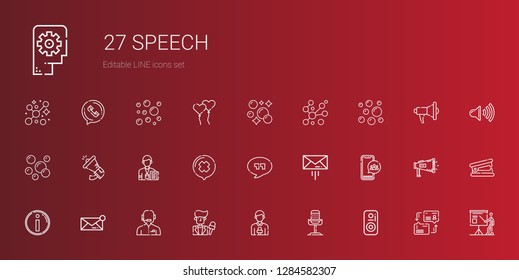 speech icons set. Collection of speech with speaker, microphone, news reporter, message, info, social media, quotes, chat, journalist, megaphone. Editable and scalable speech icons.
