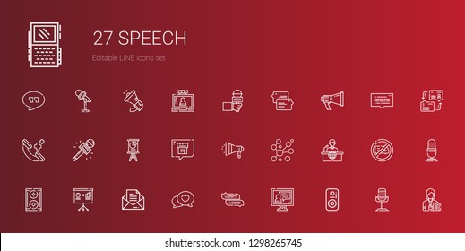 speech icons set. Collection of speech with speaker, video call, chat, message, presentation, news report, bubbles, megaphone, journalist. Editable and scalable speech icons.