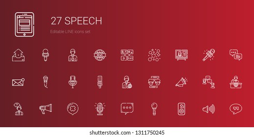speech icons set. Collection of speech with speaker, microphone, chat, megaphone, thinking, loudspeaker, news reporter, message, news report. Editable and scalable speech icons.