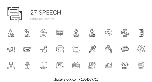 speech icons set. Collection of speech with stapler remover, dialogue, chat, microphone, news reporter, journalist, message, speaker, phone call. Editable and scalable speech icons.