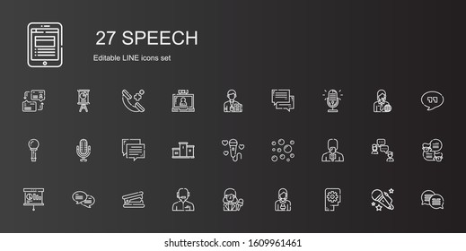 speech icons set. Collection of speech with thinking, news reporter, stapler remover, chat, presentation, bubbles, microphone, podium, journalist. Editable and scalable speech icons.