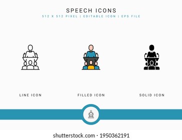 Speech icons set vector illustration with solid icon line style. Government public election concept. Editable stroke icon on isolated background for web design, user interface, and mobile app