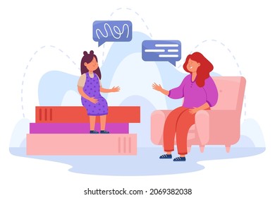 Speech Language Pathologist Flat Vector Illustration. Happy Female Specialist Helping Girl Overcome Articulation Problems. Basic Language Skills, Speech Therapy, Medicine Concept