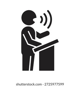 Rede Vorlesung Ikone Mann sprechen Mikrofon Podium für Konferenzadresse Präsentation Seminar öffentliche Ankündigung und Lehrrede