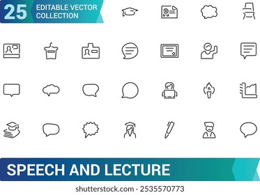 Speech and Lecture Icon Set. Containing microphone, podium, speaker, audience, presentation, communication, and more. Minimal and modern line vector icons.