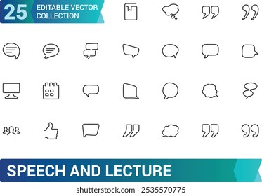 Speech and Lecture Icon Set. Containing microphone, podium, speaker, audience, presentation, communication, and more. Minimal and modern line vector icons.