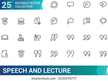 Conjunto de Ícones de Fala e Palestra. Contendo microfone, pódio, alto-falante, público, apresentação, comunicação e muito mais. Ícones de vetor de linha mínimos e modernos.