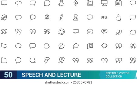 Speech and Lecture Icon Set. Containing microphone, podium, speaker, audience, presentation, communication, and more. Minimal and modern line vector icons.