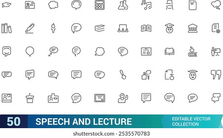 Speech and Lecture Icon Set. Containing microphone, podium, speaker, audience, presentation, communication, and more. Minimal and modern line vector icons.