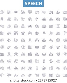 Speech line icons, signs set. Speech, Oral, Address, Oratory, Talk, Lecture, Monologue, Discourse, Expression outline vector illustrations.