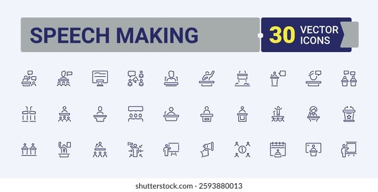 Speech Making icon collection. It contains symbols to lecture, seminar, group, podium, team, orator, debate and more. Collection for mobile and web apps. Editable vector icon and illustration.