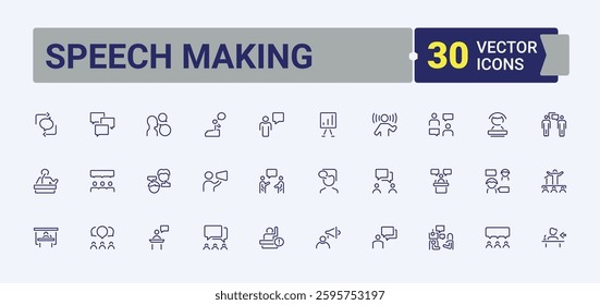 Speech Making icon pack. Includes symbols for discussion, speech, speak, communication, conversation, talk, chat, conference. Speaking icons set in linear style. Expanded stroke. Minimalistic icon.