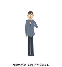 Speech with a microphone. A man speaks into a microphone, vector illustration