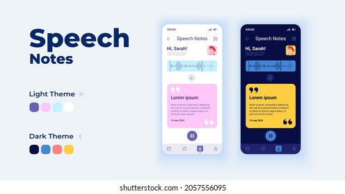 Speech Notes Cartoon Smartphone Interface Vector Templates Set. Mobile App Screen Page Day And Dark Mode Design. Audio Message. Text Notifications. Messanger UI For Application. Phone Display